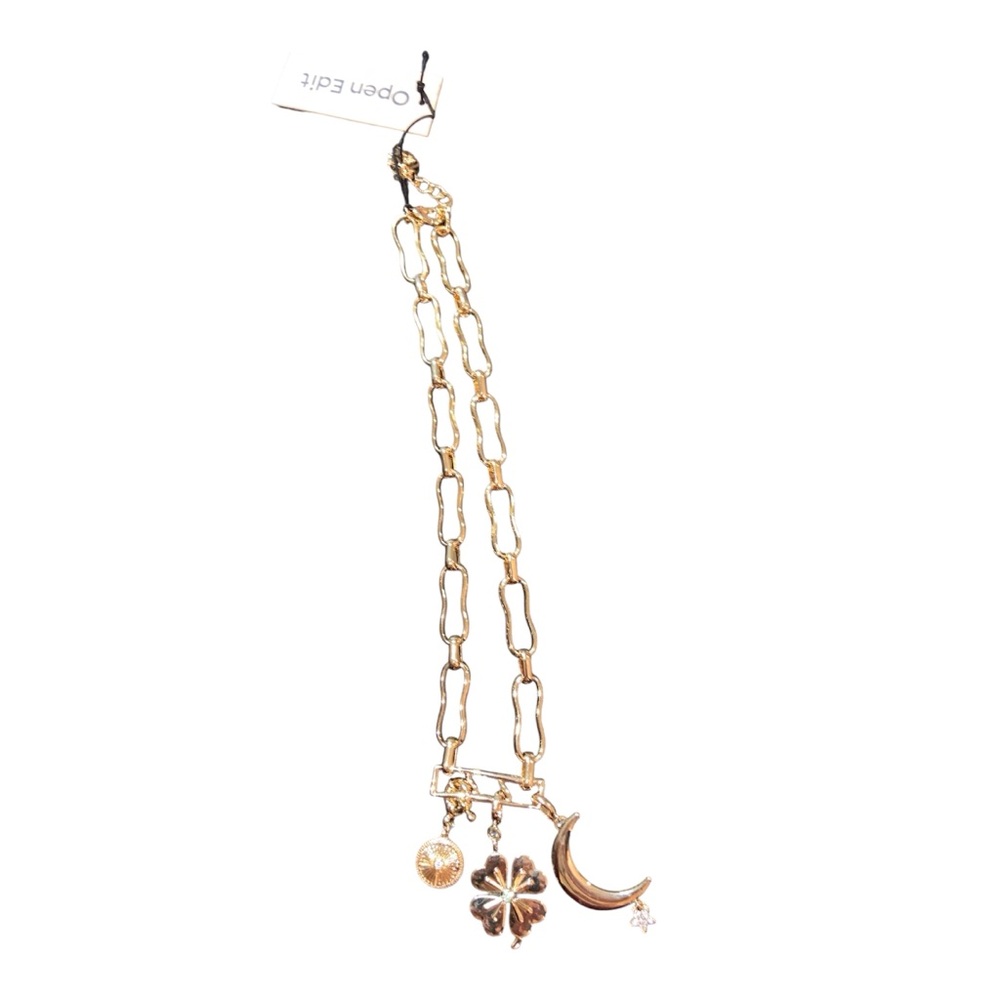 NWT Open Edit 4 leaf Clover Crescent Moon Star Gold Necklace Nordstrom